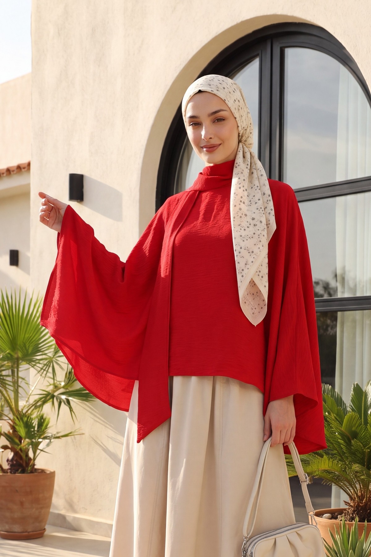 Oversized Poly-Viscose Tunic with Sash and Longer Back -Red