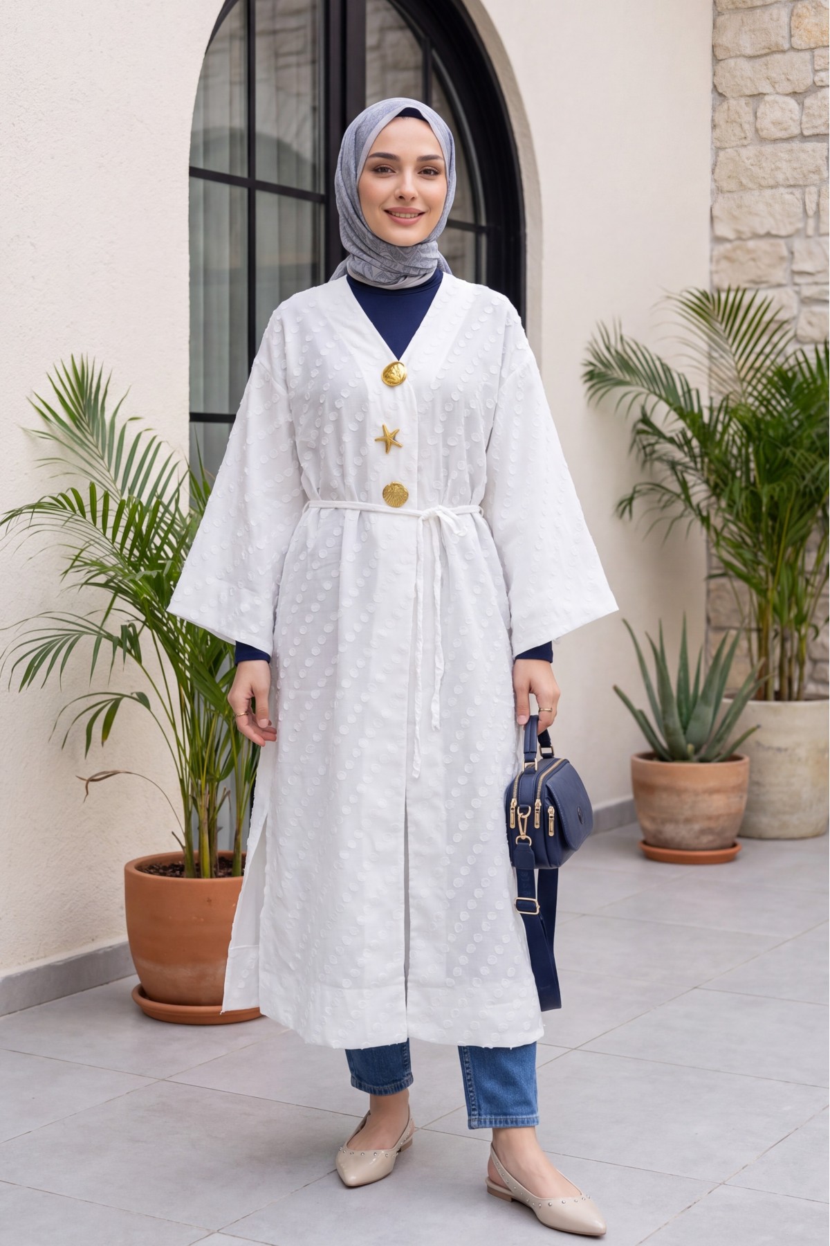 Jacquard Kimono with Brooch Detail and Side Slits, Embossed Polka Dot Pattern  -White