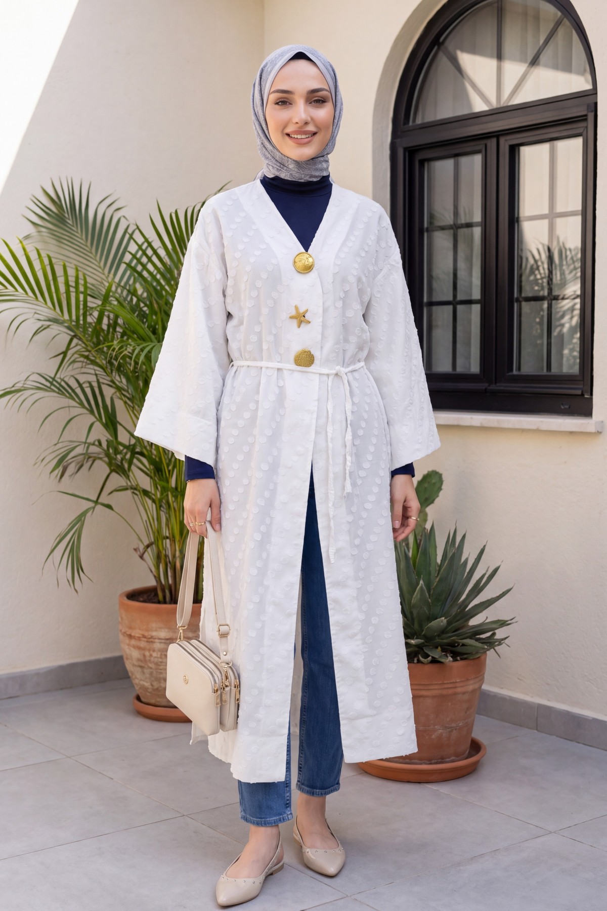 Jacquard Kimono with Brooch Detail and Side Slits, Embossed Polka Dot Pattern  -White