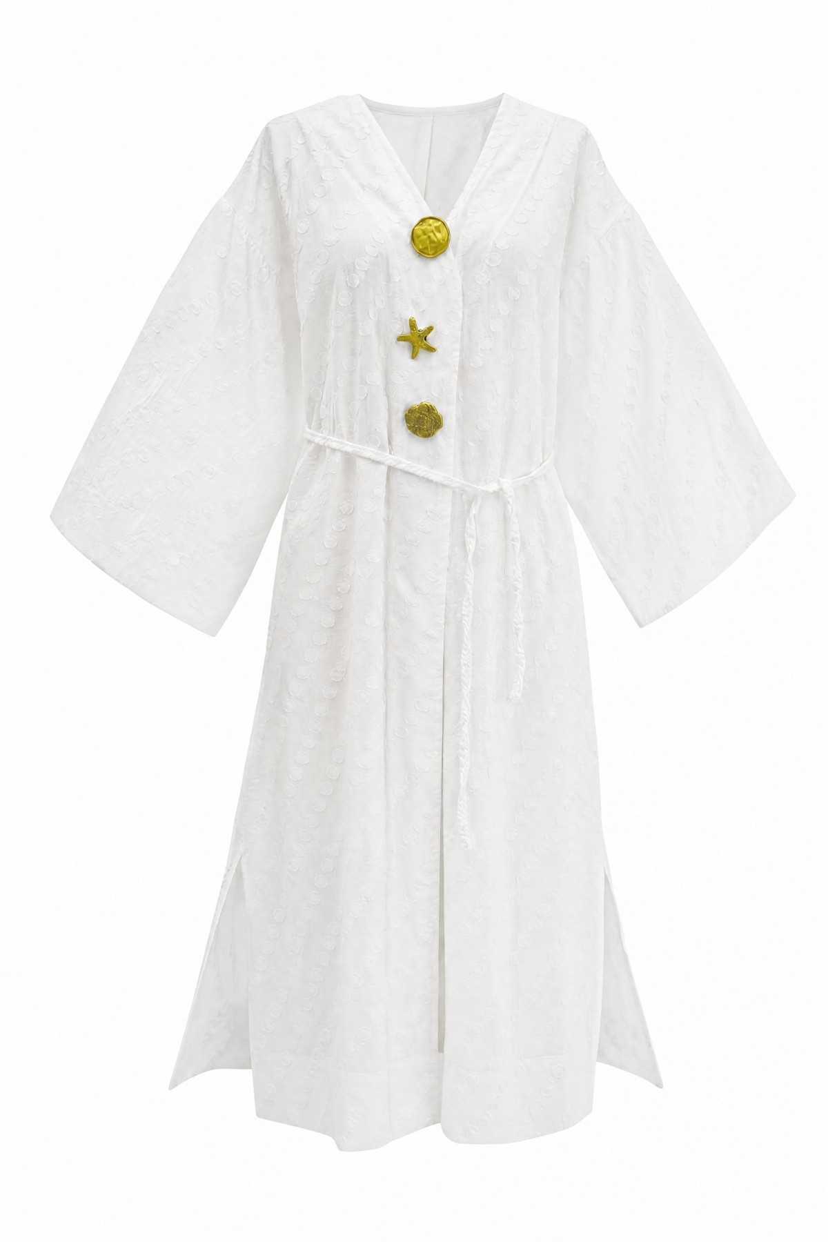 Jacquard Kimono with Brooch Detail and Side Slits, Embossed Polka Dot Pattern  -White