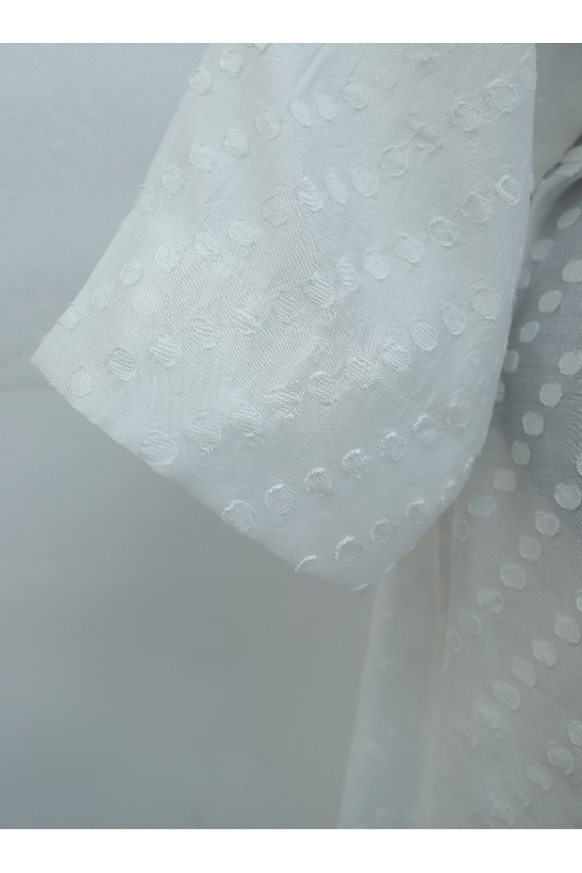 Jacquard Kimono with Brooch Detail and Side Slits, Embossed Polka Dot Pattern  -White