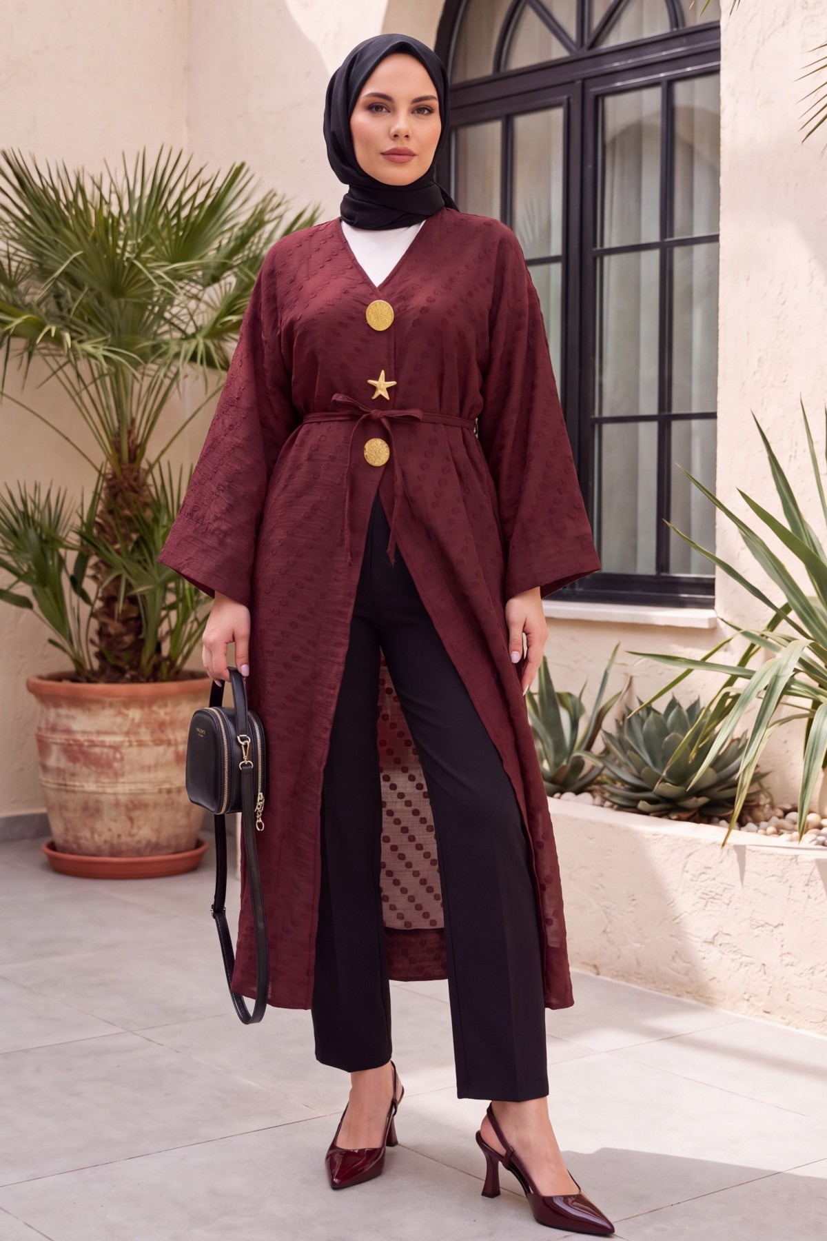 Jacquard Kimono with Brooch Detail and Side Slits, Embossed Polka Dot Pattern -Maroon