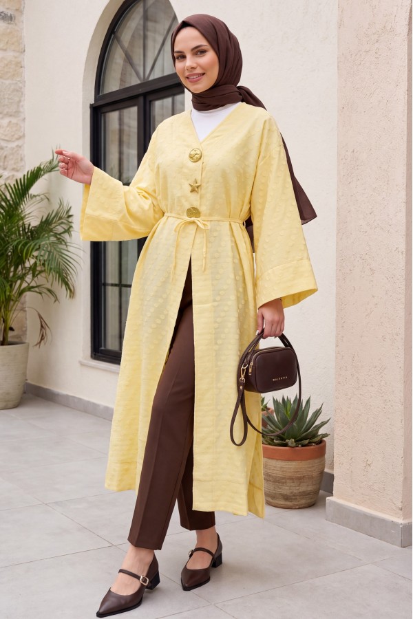 Jacquard Kimono with Brooch Detail and Side Slits, Embossed Polka Dot Pattern -Yellow