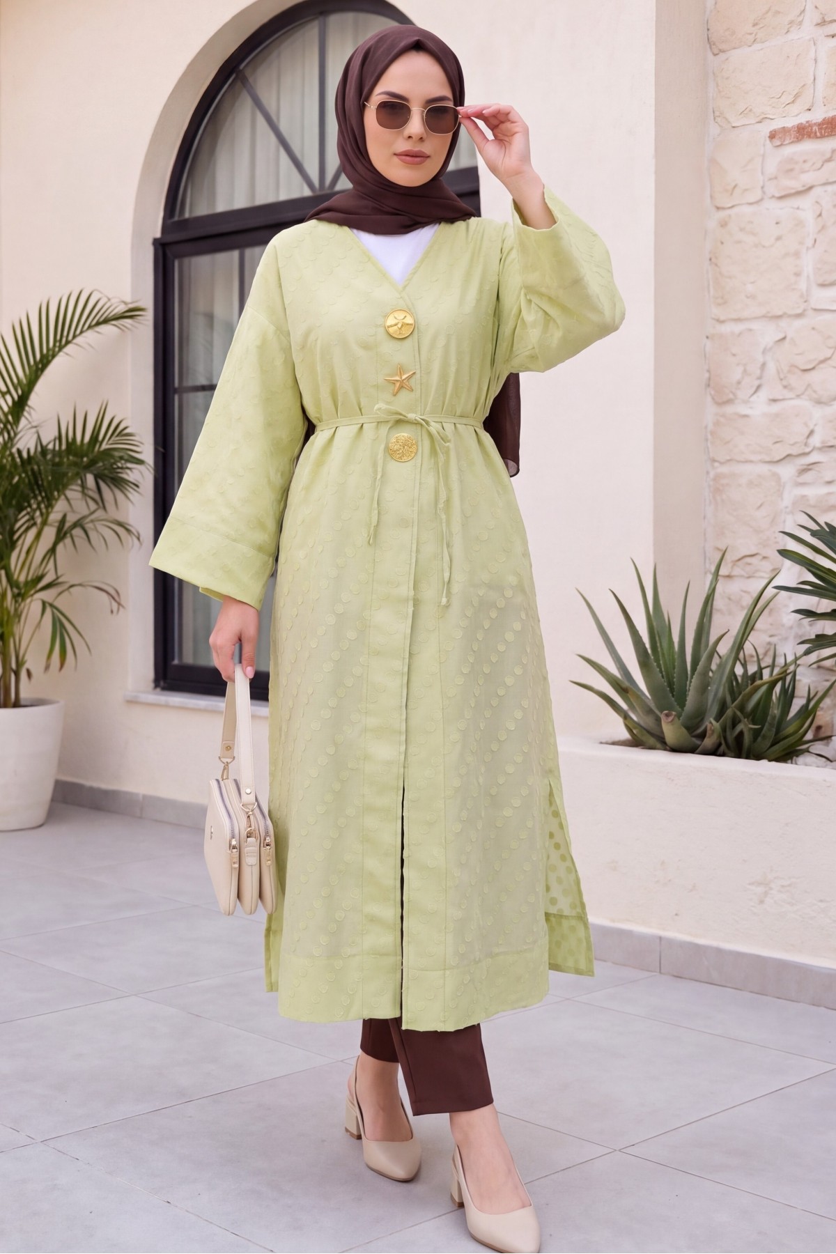 Jacquard Kimono with Brooch Detail and Side Slits, Embossed Polka Dot Pattern -Cagla Green
