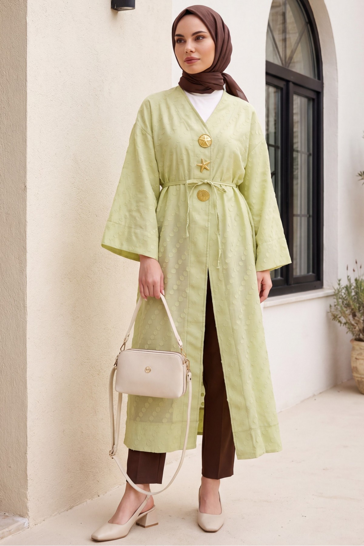 Jacquard Kimono with Brooch Detail and Side Slits, Embossed Polka Dot Pattern -Cagla Green