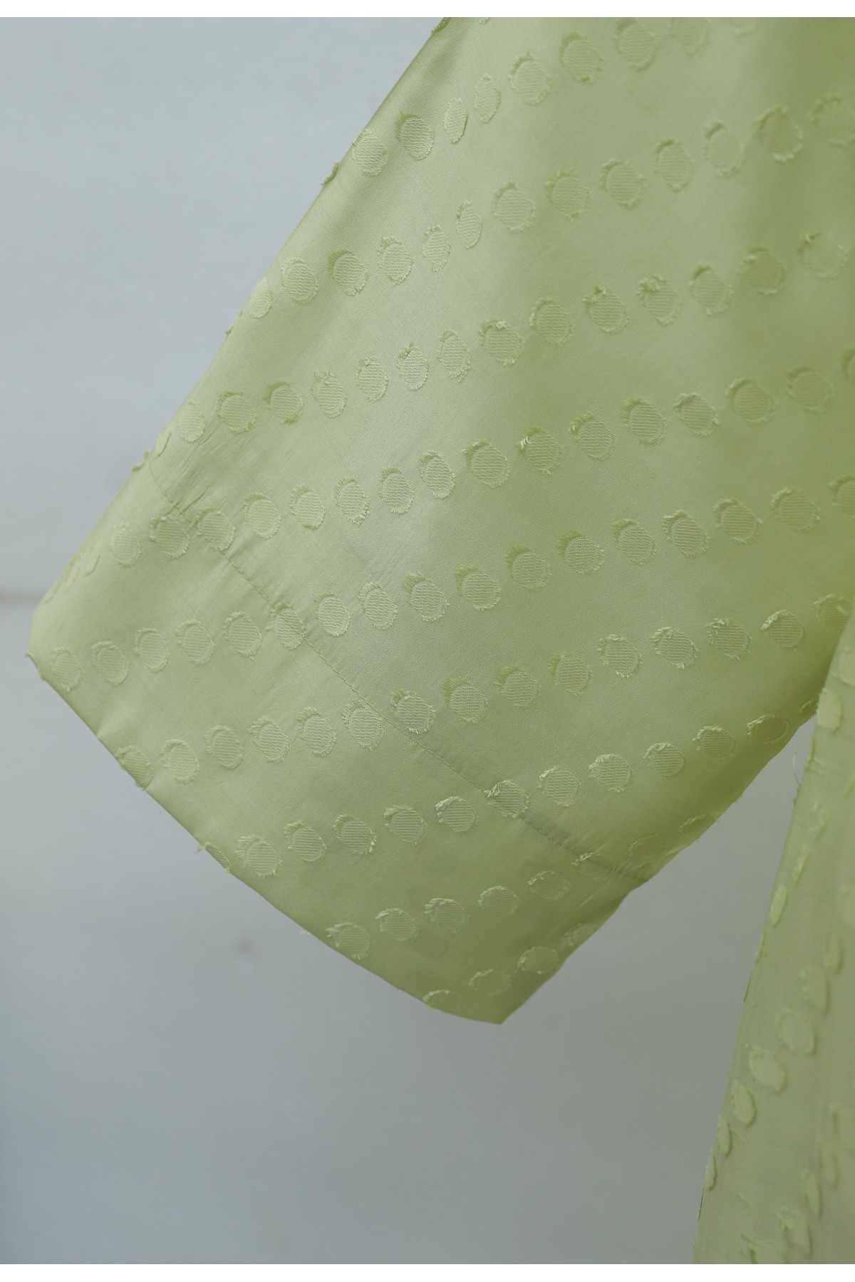 Jacquard Kimono with Brooch Detail and Side Slits, Embossed Polka Dot Pattern -Cagla Green