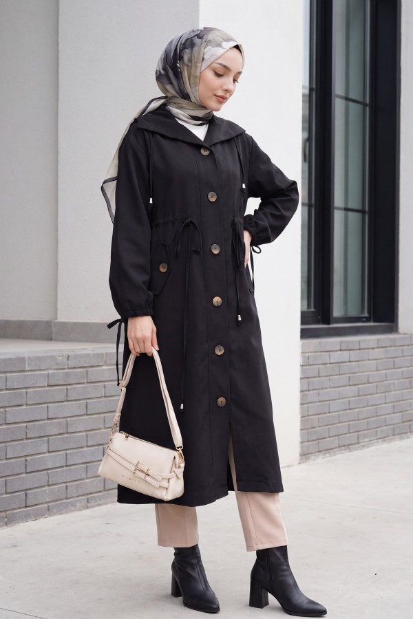 Long Tencel Coat with Flap Pockets, Lace Detail and Button Closure -Black