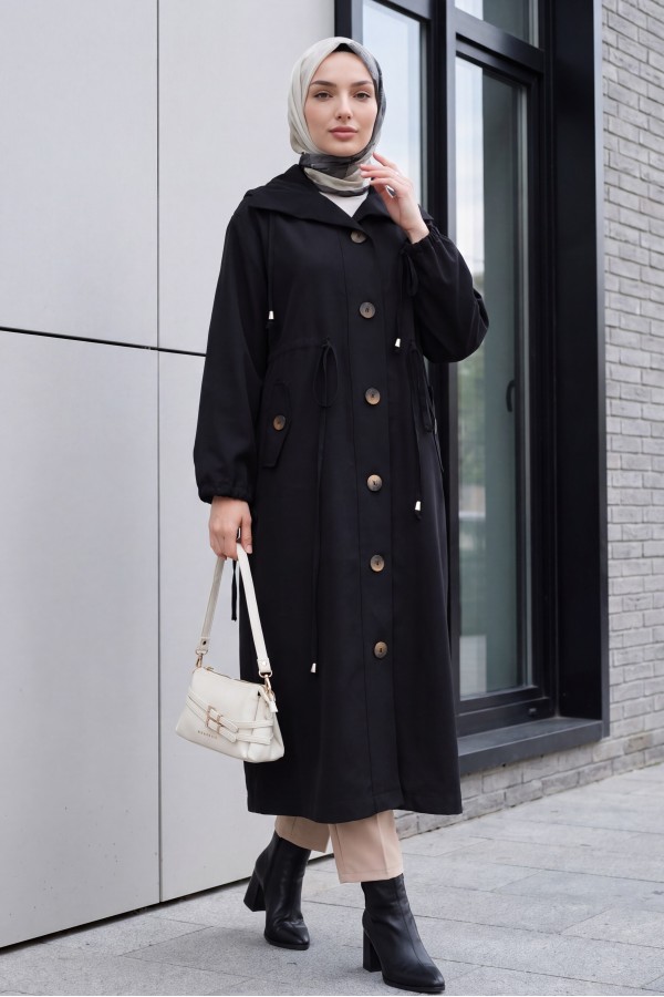 Long Tencel Coat with Flap Pockets, Lace Detail and Button Closure -Black
