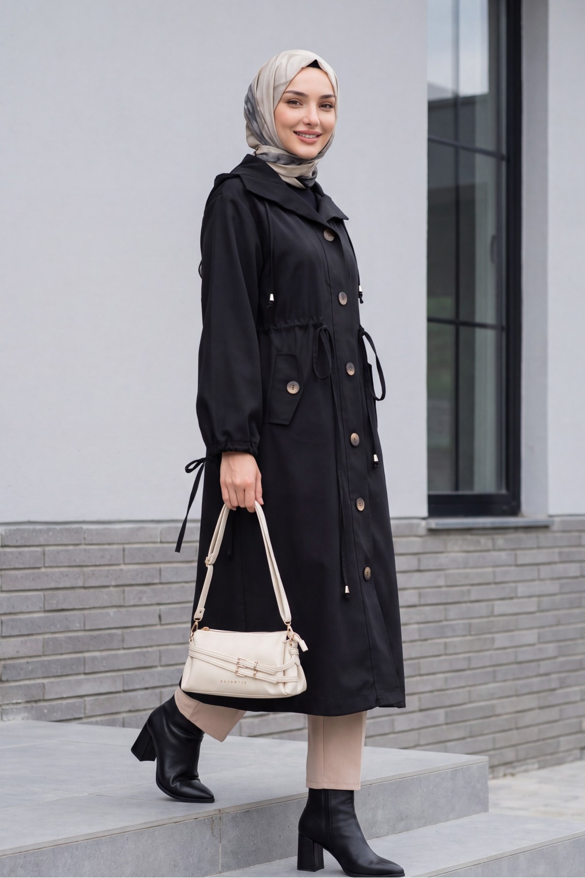 Long Tencel Coat with Flap Pockets, Lace Detail and Button Closure -Black