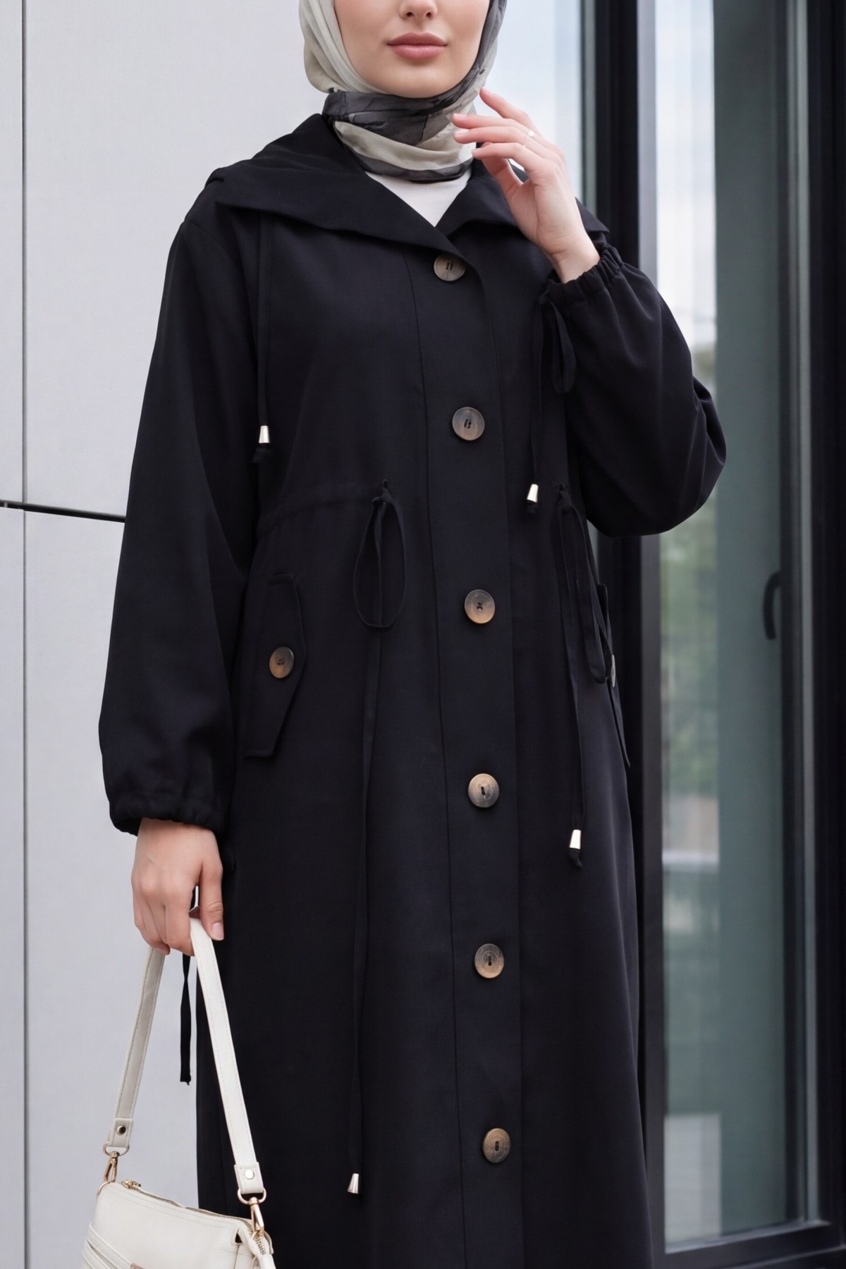 Long Tencel Coat with Flap Pockets, Lace Detail and Button Closure -Black