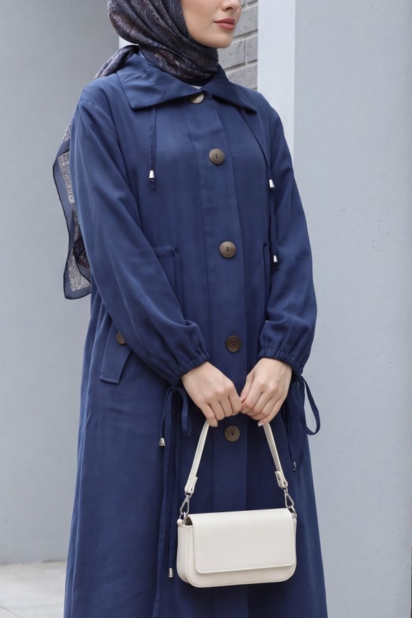 Long Tencel Coat with Flap Pockets, Lace Detail and Button Closure -Navy blue