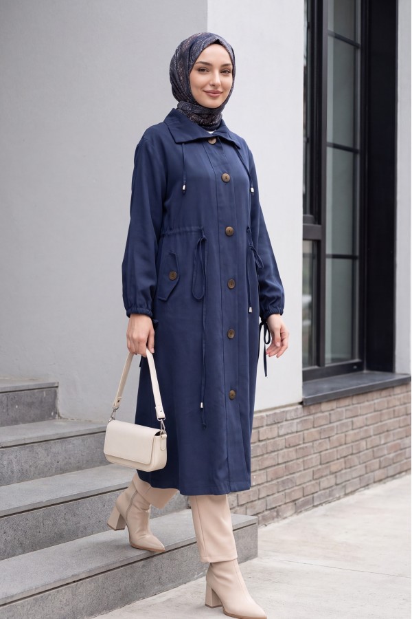 Long Tencel Coat with Flap Pockets, Lace Detail and Button Closure -Navy blue
