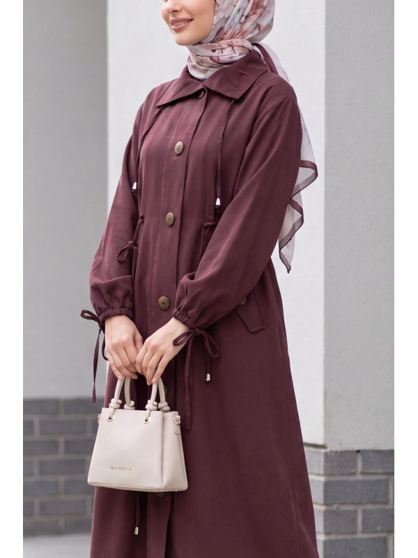 Long Tencel Coat with Flap Pockets, Lace Detail and Button Closure -Damson