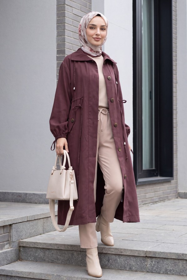 Long Tencel Coat with Flap Pockets, Lace Detail and Button Closure -Damson