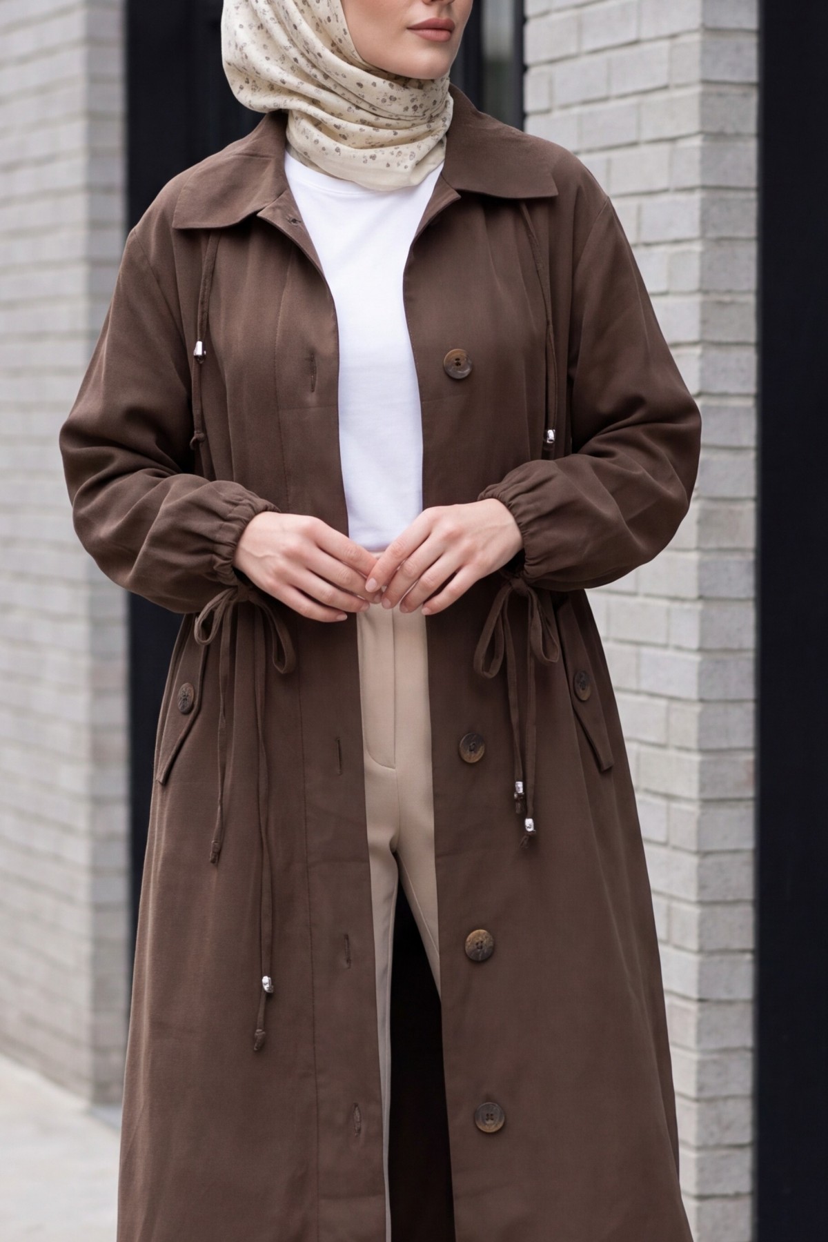 Long Tencel Coat with Flap Pockets, Lace Detail and Button Closure -Brown