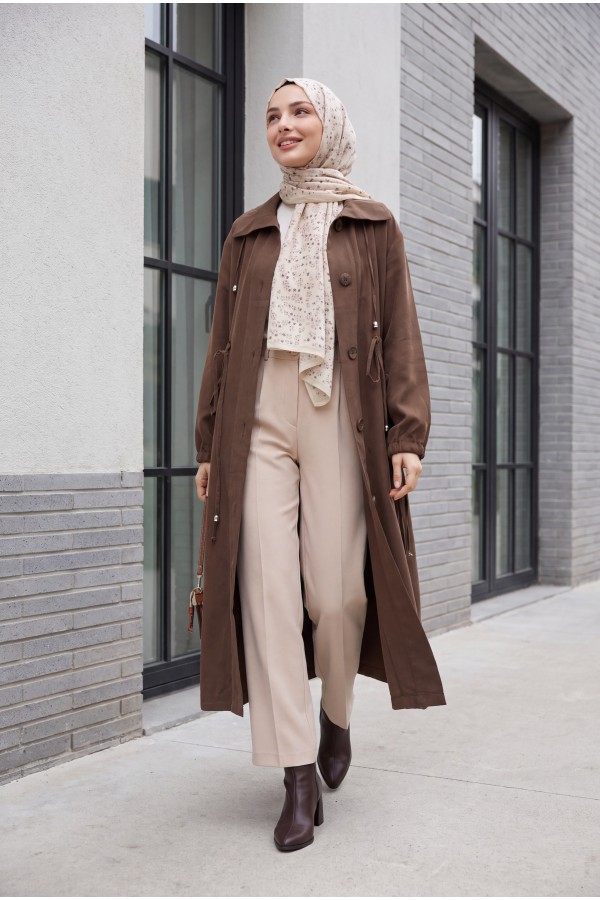 Long Tencel Coat with Flap Pockets, Lace Detail and Button Closure -Brown