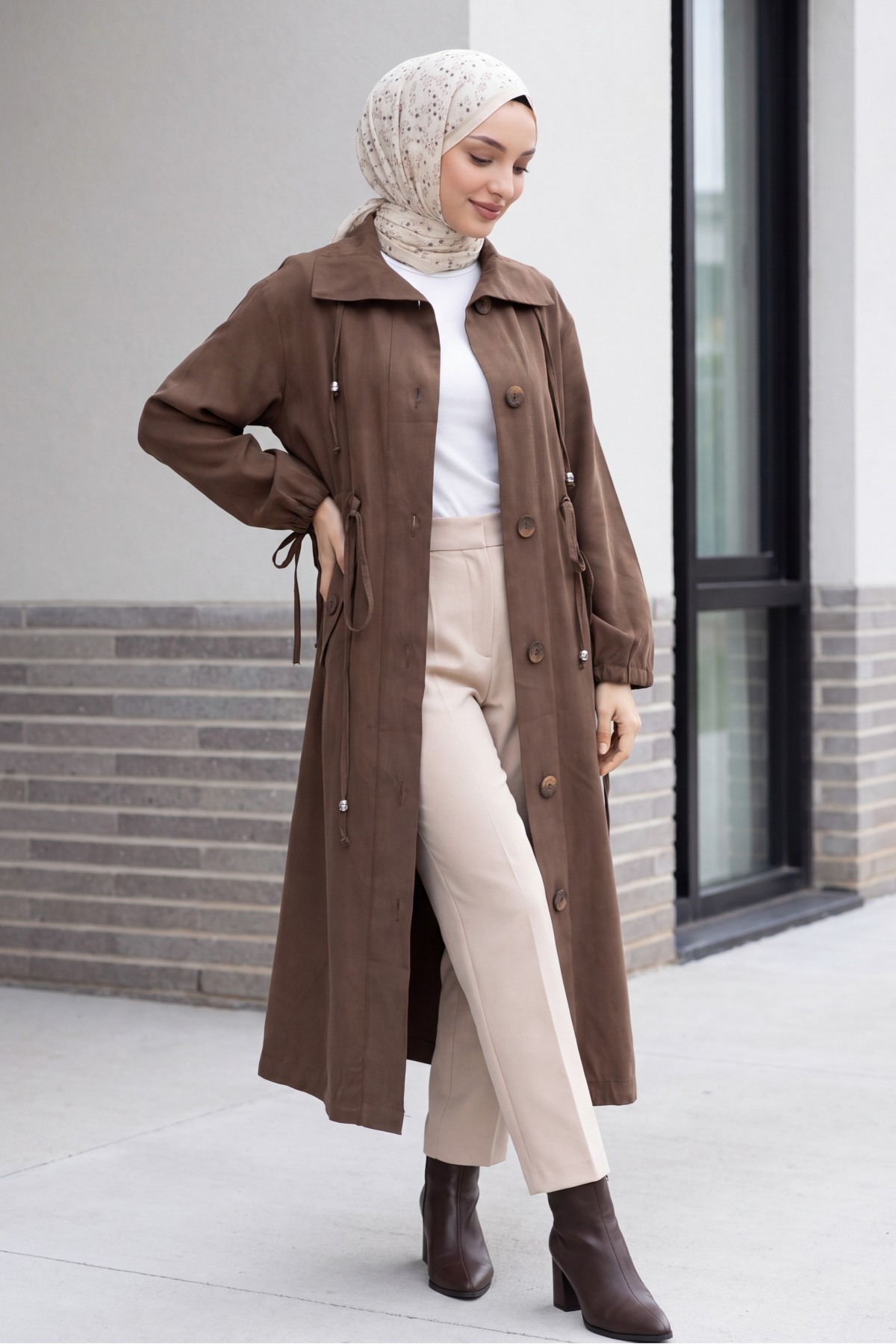 Long Tencel Coat with Flap Pockets, Lace Detail and Button Closure -Brown