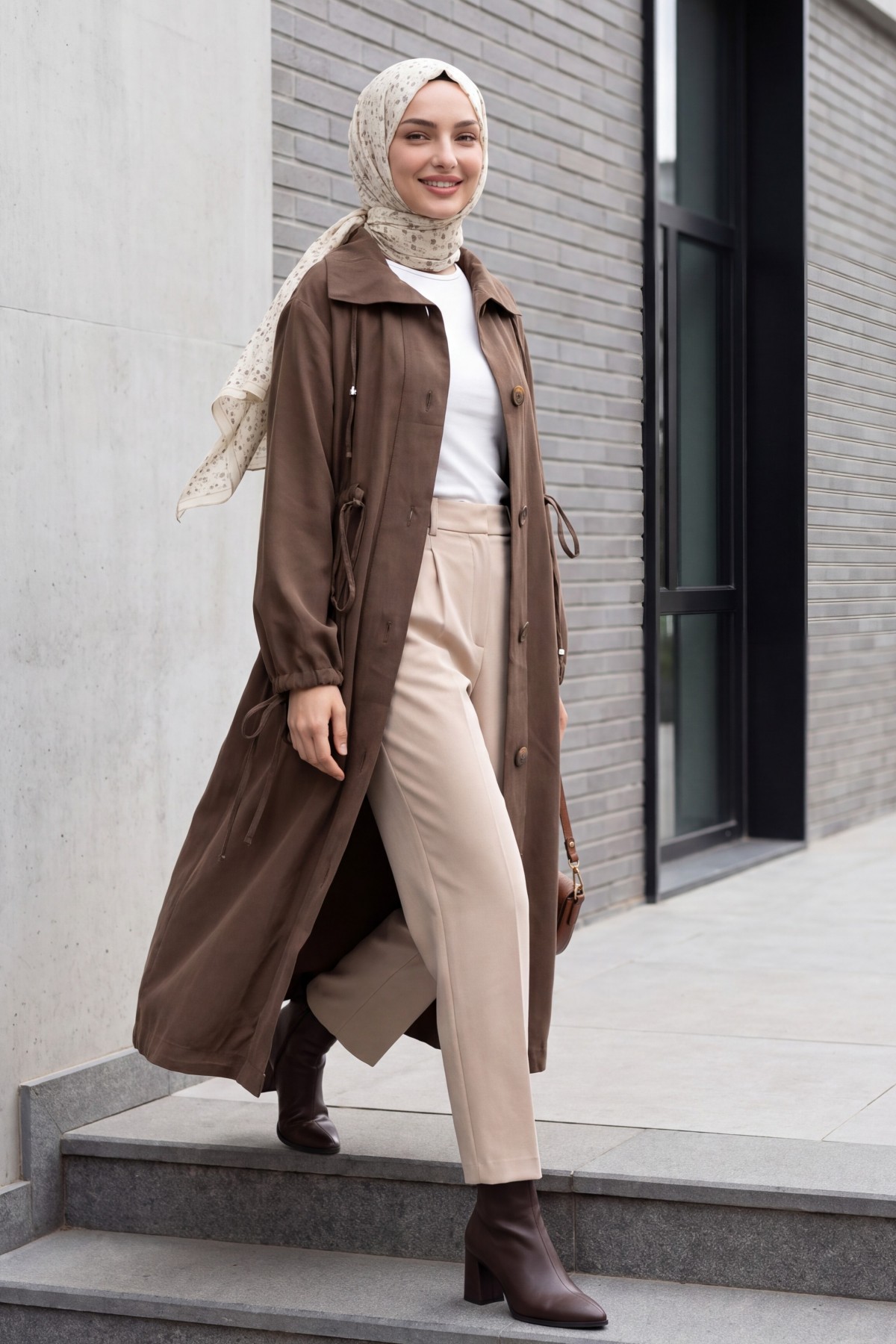 Long Tencel Coat with Flap Pockets, Lace Detail and Button Closure -Brown