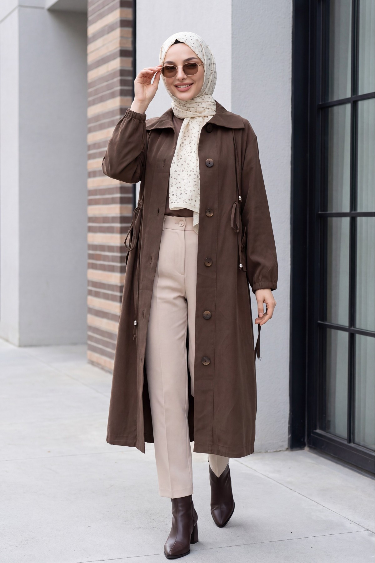 Long Tencel Coat with Flap Pockets, Lace Detail and Button Closure -Brown