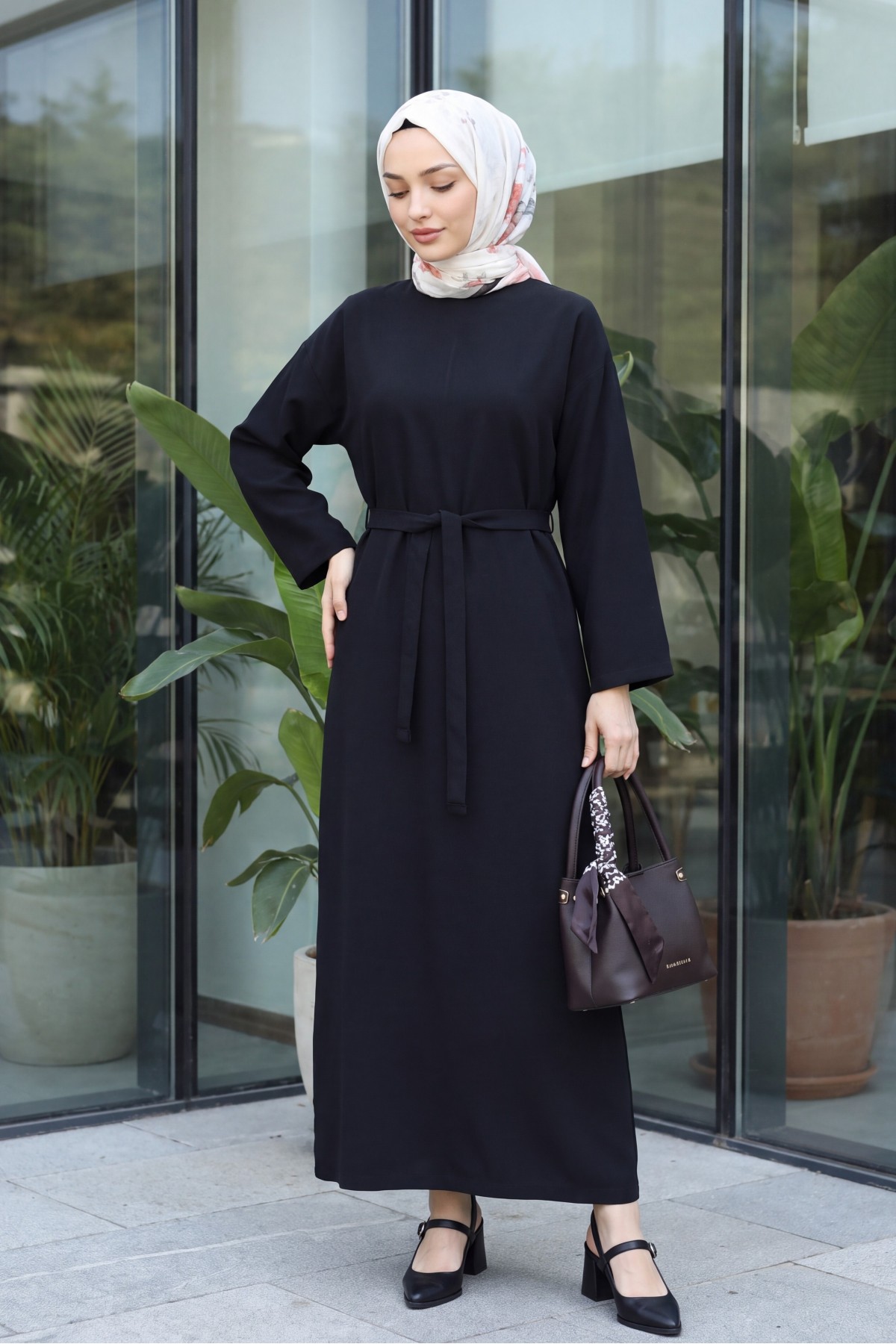 Belted Diagonal Tencel Dress -Black