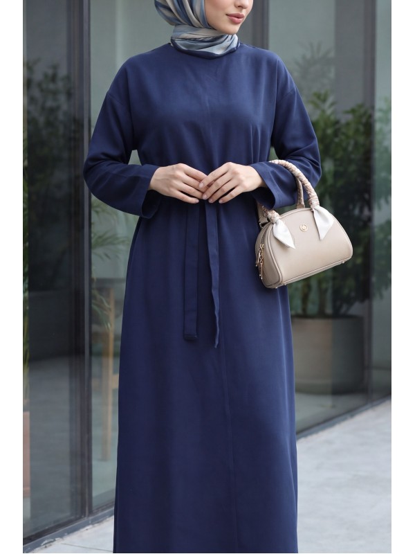 Belted Diagonal Tencel Dress -Navy blue