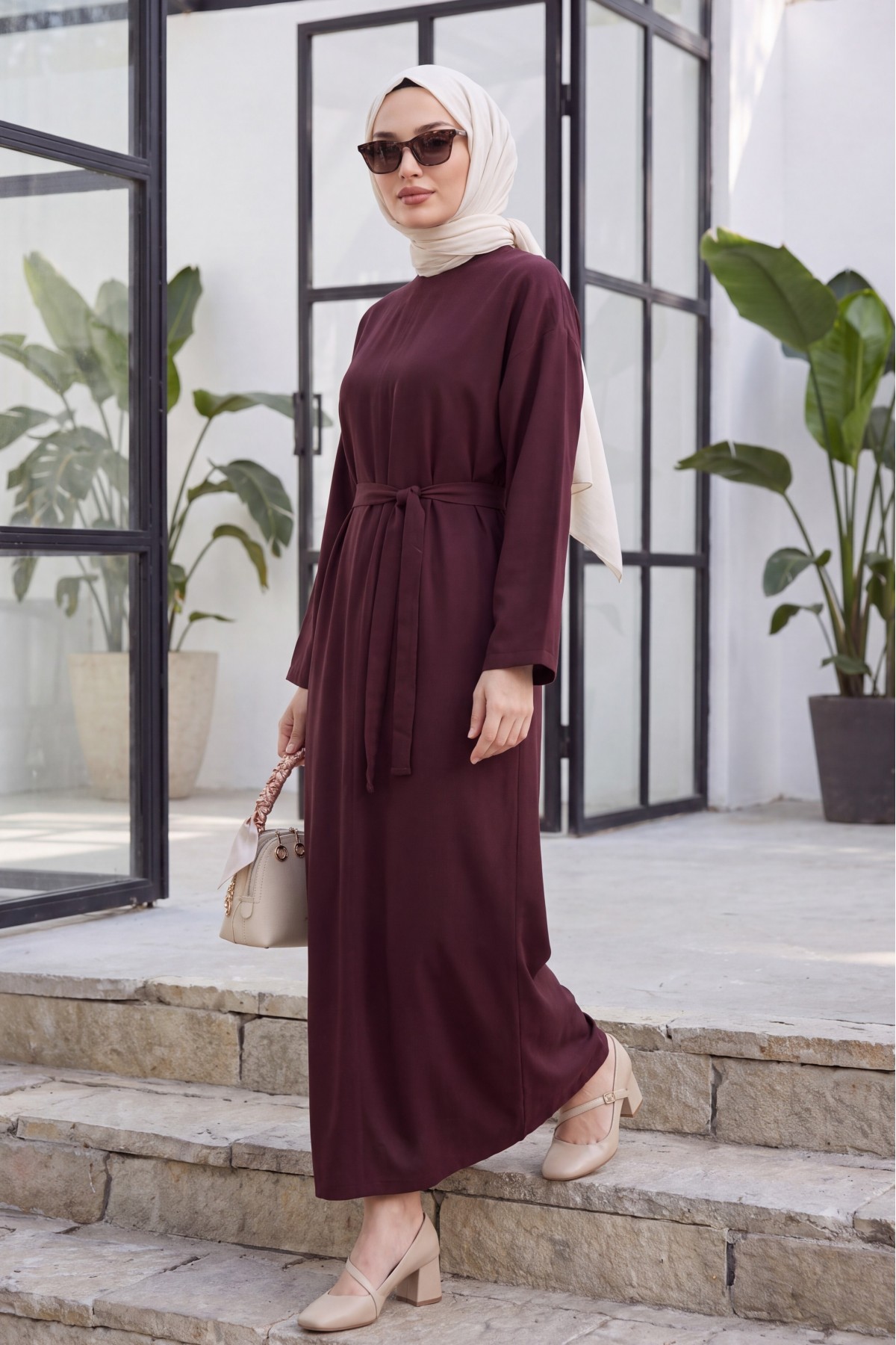 Belted Diagonal Tencel Dress -Damson