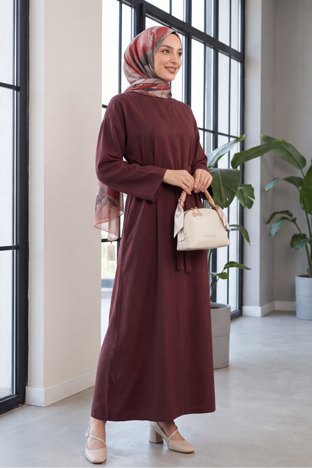 Belted Diagonal Tencel Dress -Damson