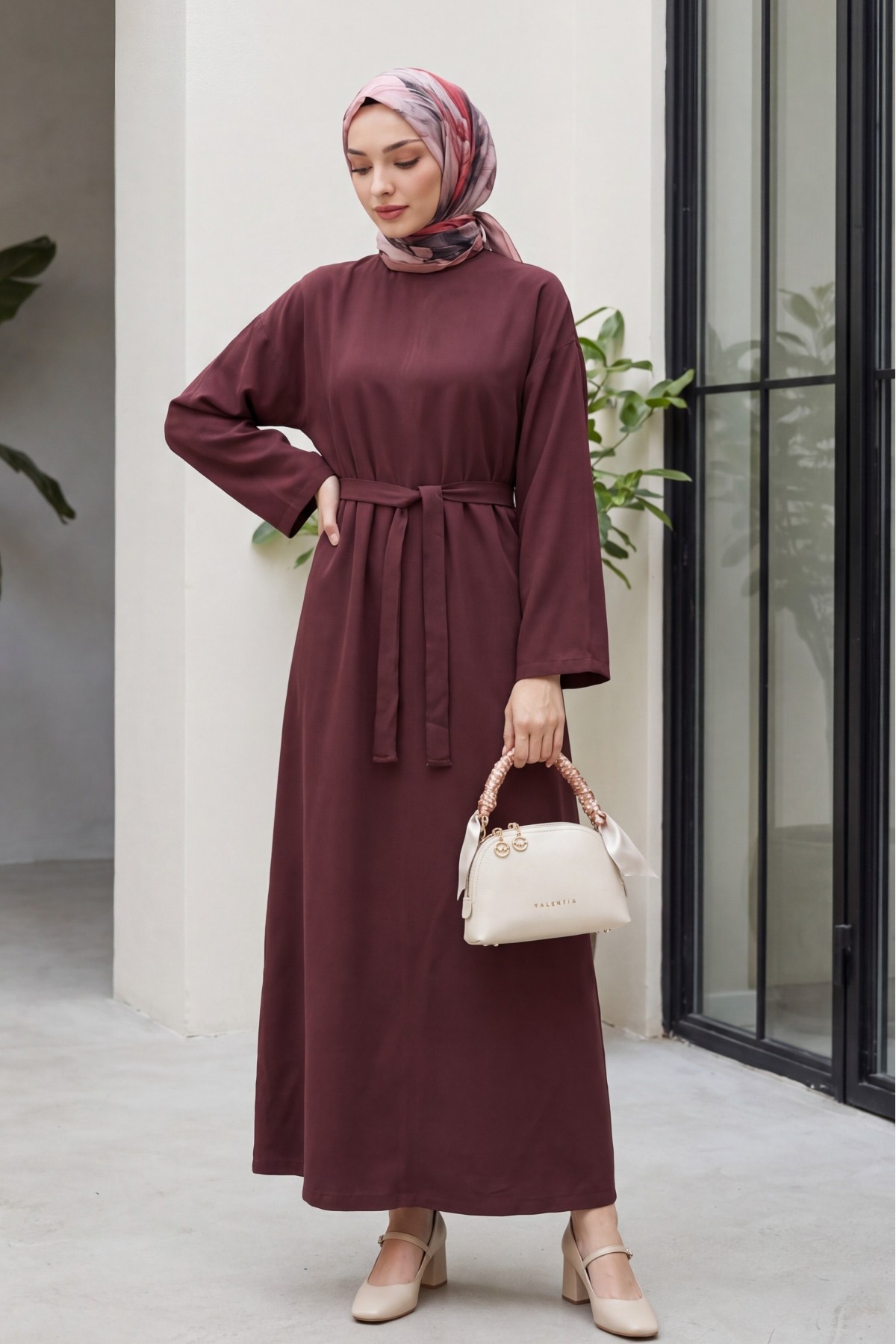 Belted Diagonal Tencel Dress -Damson