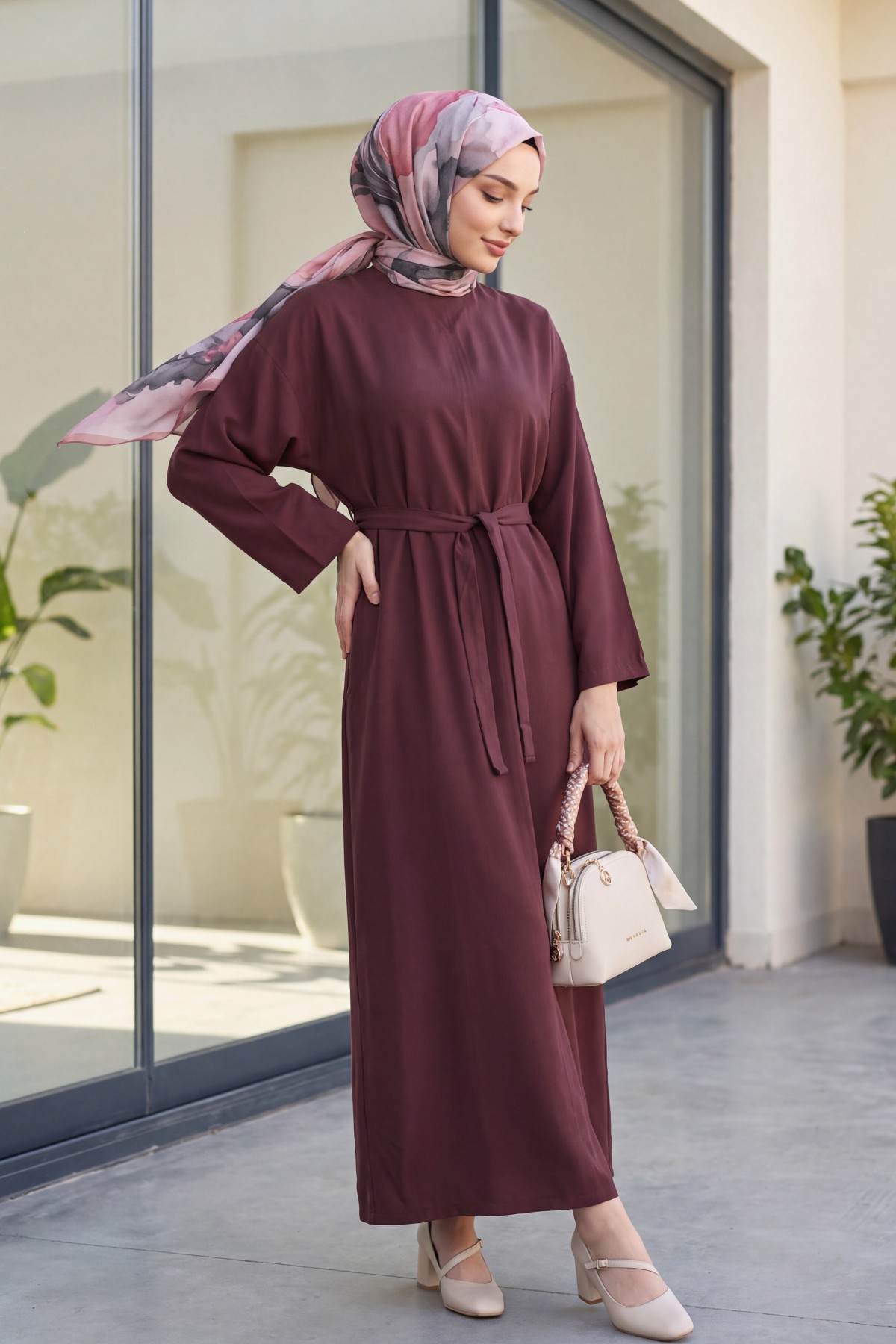 Belted Diagonal Tencel Dress -Damson