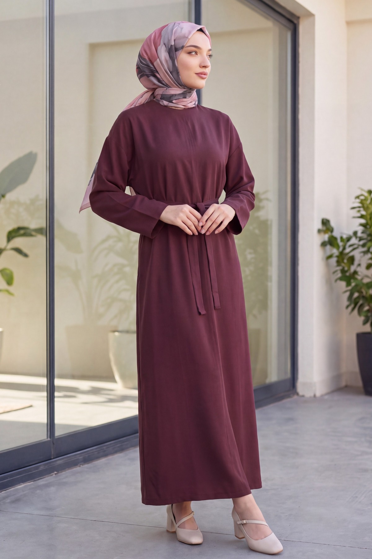 Belted Diagonal Tencel Dress -Damson