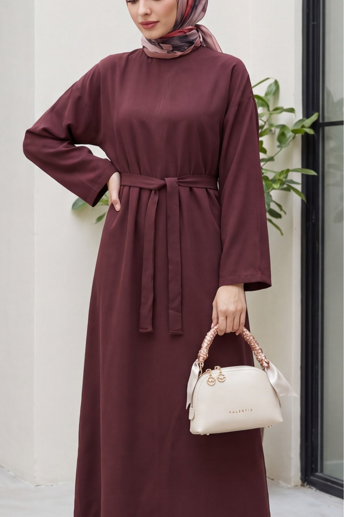 Belted Diagonal Tencel Dress -Damson