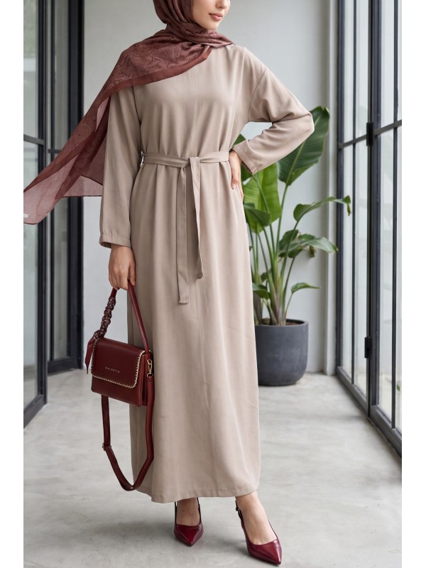 Belted Diagonal Tencel Dress -Mink color