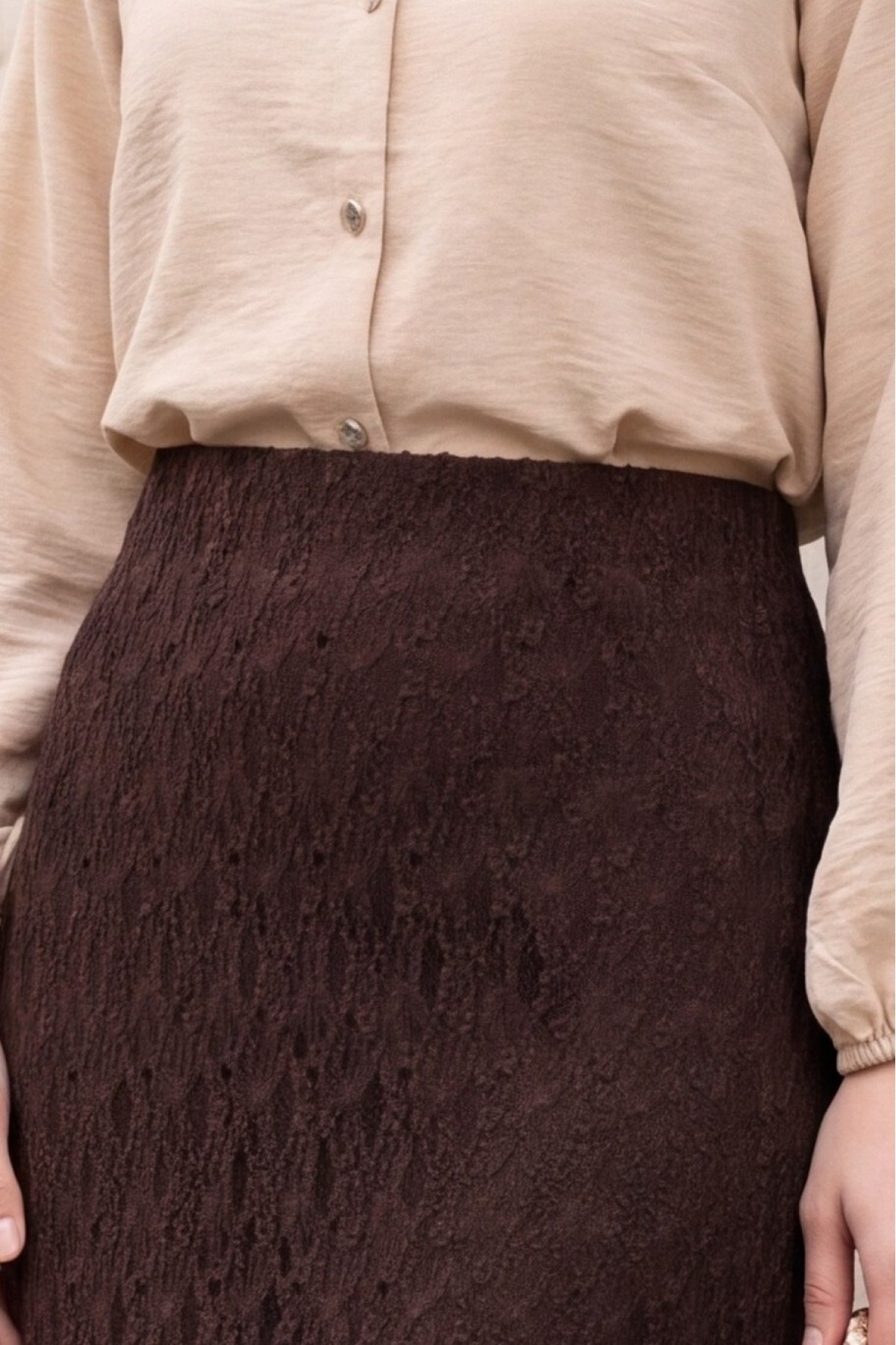 Lace-Detail Skirt with Elastic Waist and Lining -Brown