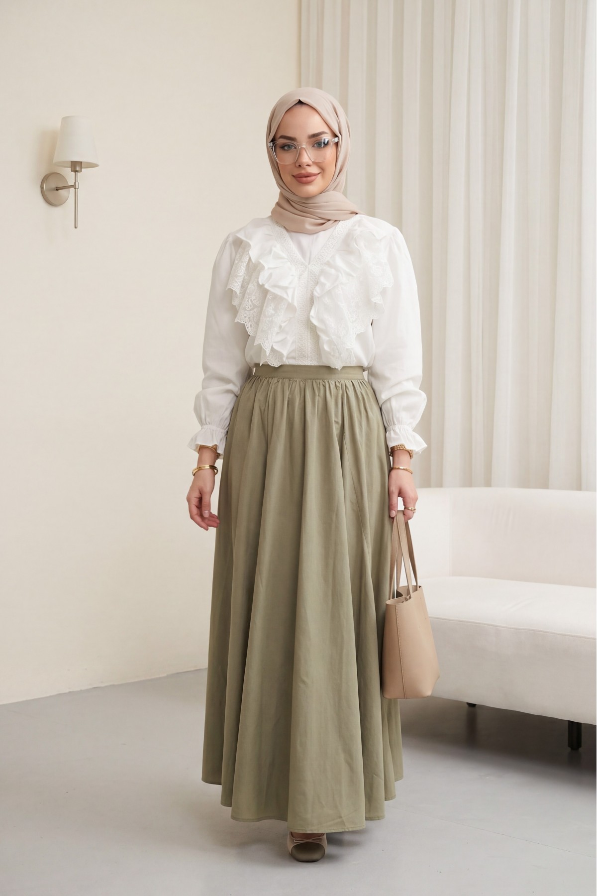 V-Neck, Lace Detail, Ruffled, Elasticated Sleeve Imported Linen Blouse -Ecru