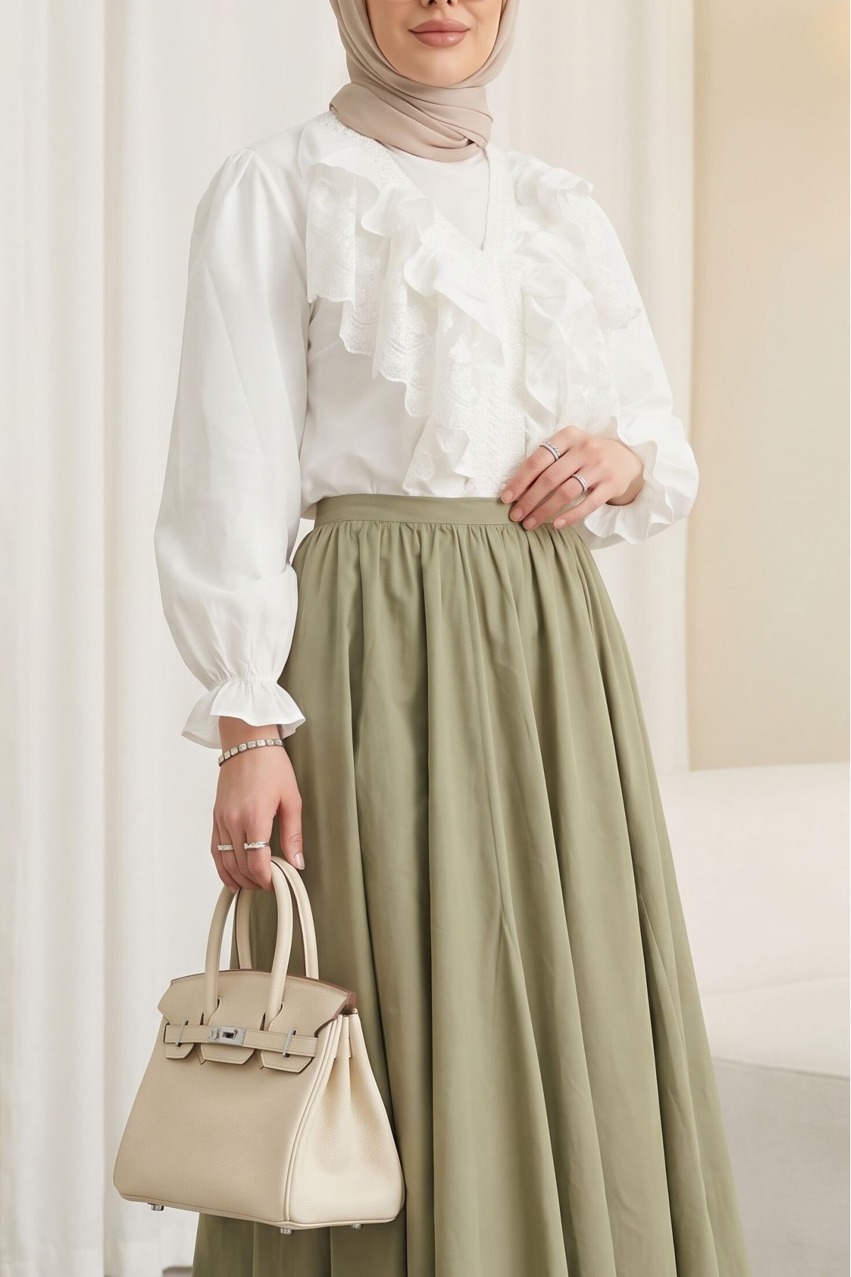 V-Neck, Lace Detail, Ruffled, Elasticated Sleeve Imported Linen Blouse -Ecru