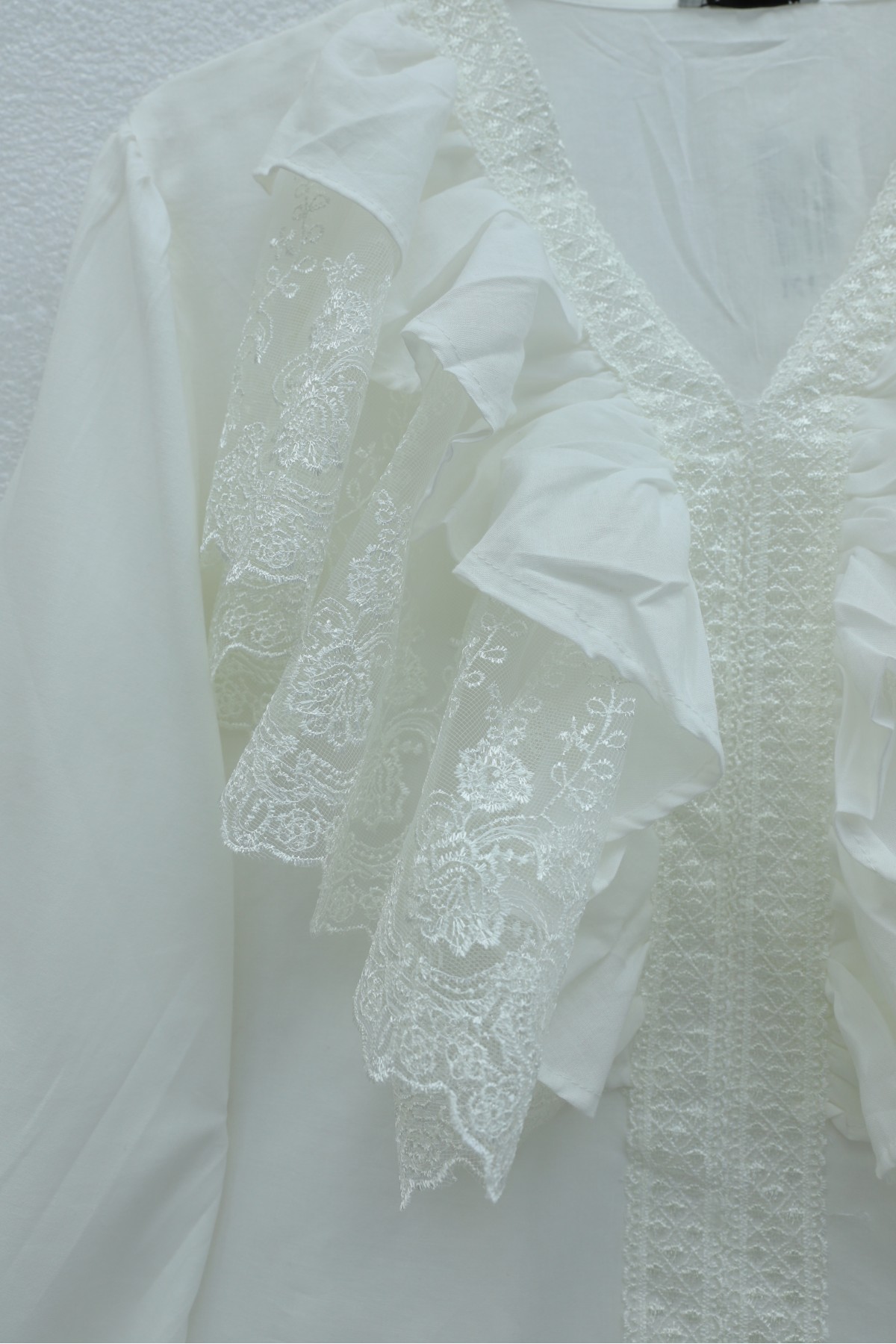 V-Neck, Lace Detail, Ruffled, Elasticated Sleeve Imported Linen Blouse -Ecru