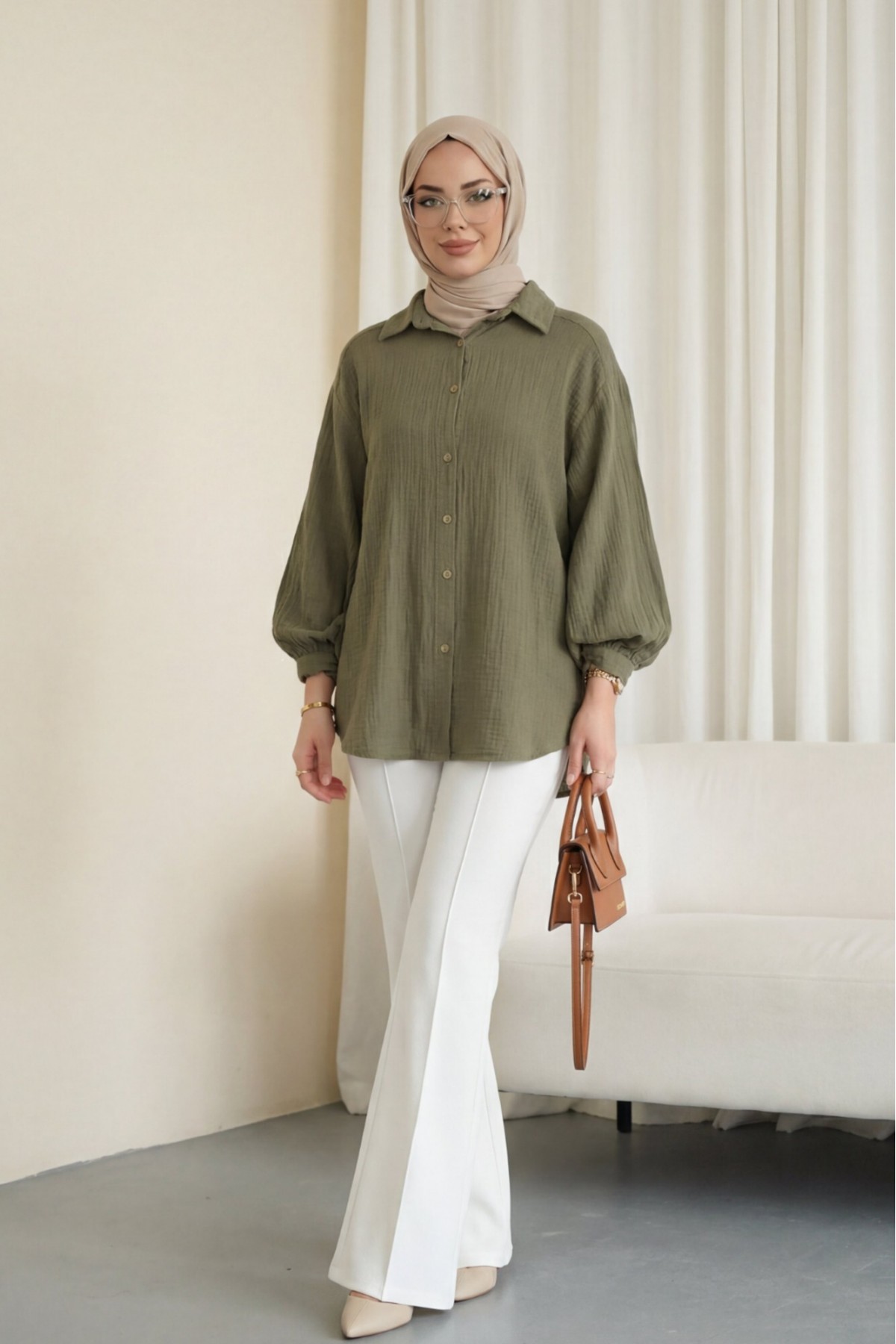 Oval Cut Button-Down Muslin Shirt -Khaki