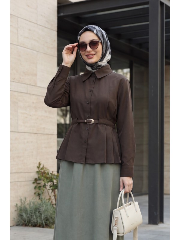 Belt Detail Pleated Long-Sleeved Shirt -Brown