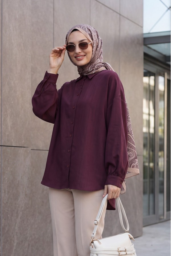 Long Back Oval Cut Buttoned Oversize Shirt -Damson