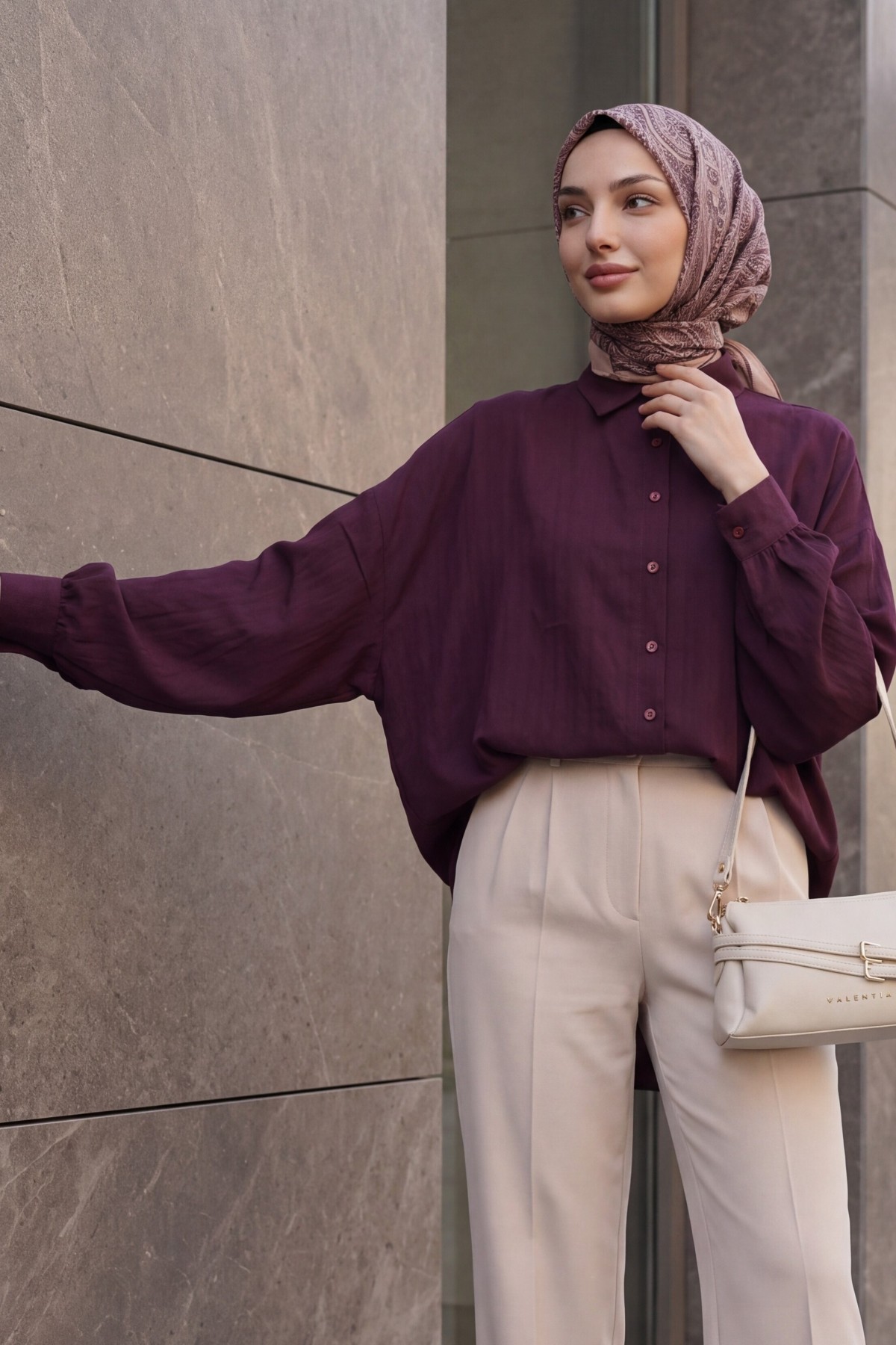 Long Back Oval Cut Buttoned Oversize Shirt -Damson