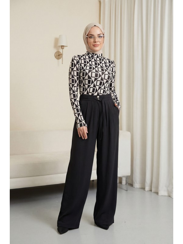 Beli Bağcıklı Çift Düğmeli Yüksek Bel Tensel Pantolon  -Siyah