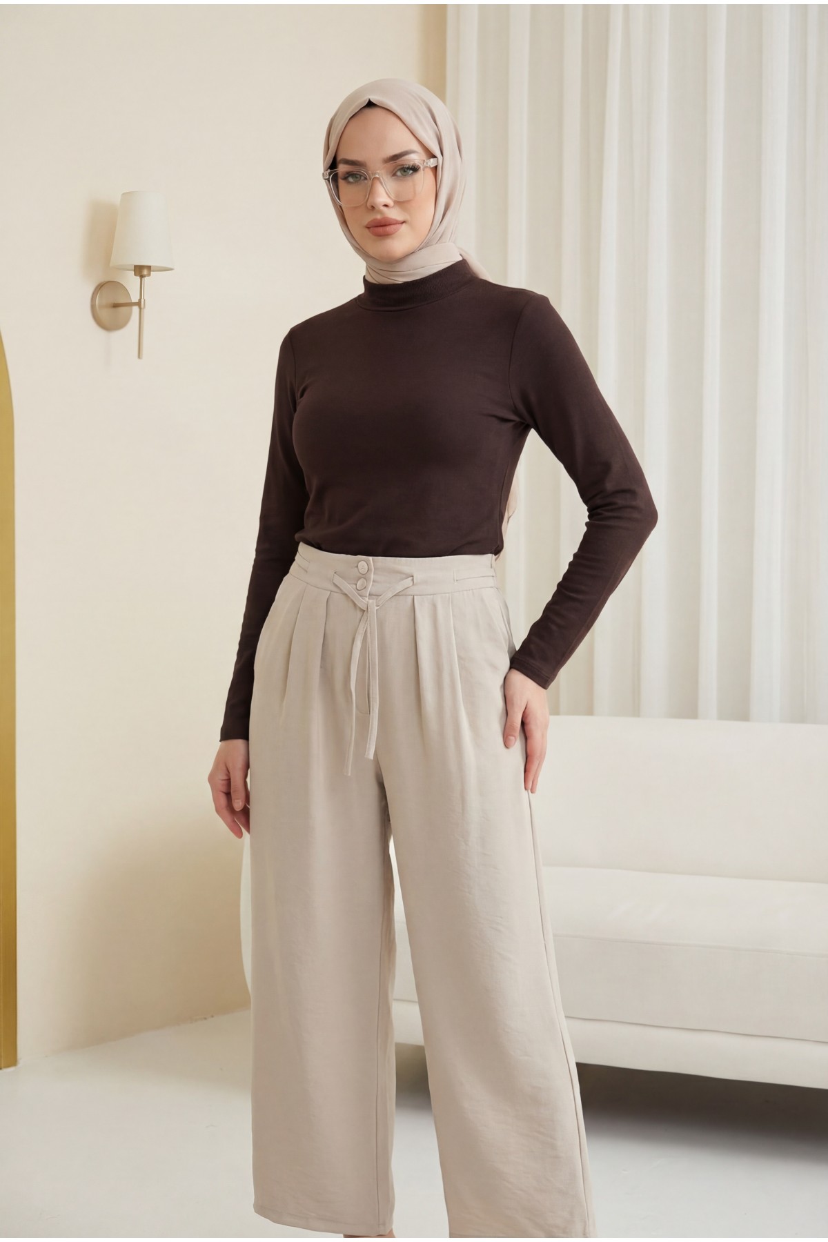 High-Waisted Tencel Pants with Drawstring Waist and Double Buttons -Stone