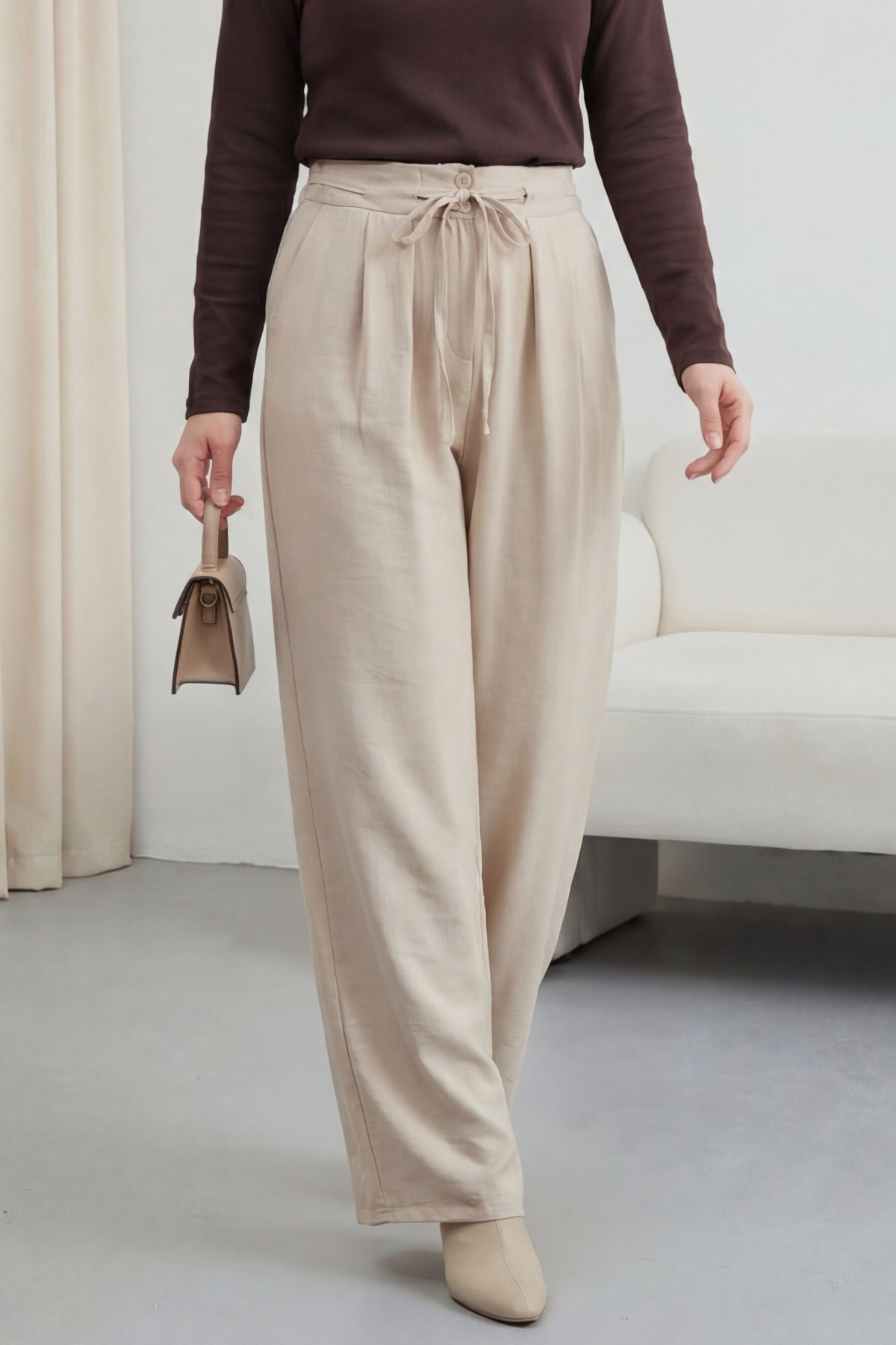 High-Waisted Tencel Pants with Drawstring Waist and Double Buttons -Stone