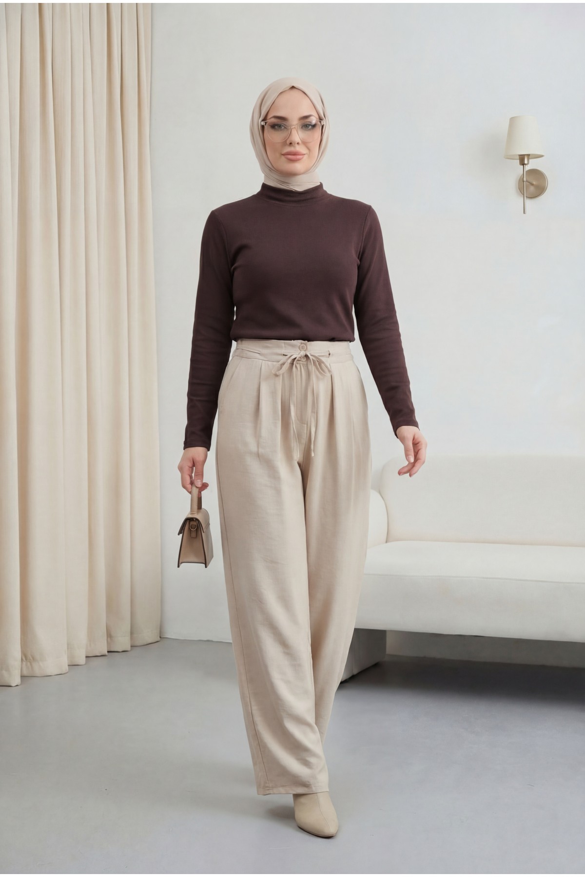 High-Waisted Tencel Pants with Drawstring Waist and Double Buttons -Stone