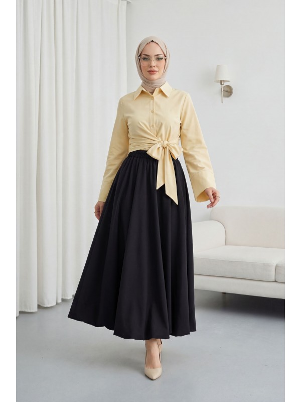Beli Lastikli Astarlı Poplin Balon Etek -Siyah