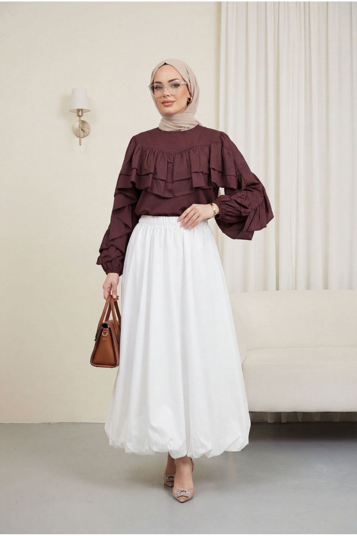 Lined Poplin Balloon Skirt with Elastic Waistband -White