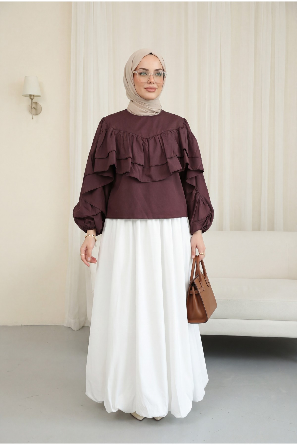 Lined Poplin Balloon Skirt with Elastic Waistband -White