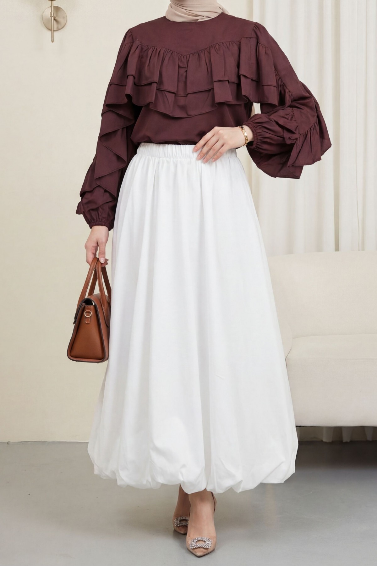 Lined Poplin Balloon Skirt with Elastic Waistband -White