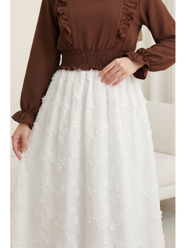 Beli Lastikli Fistolu Astarlı Keten Etek -Ekru