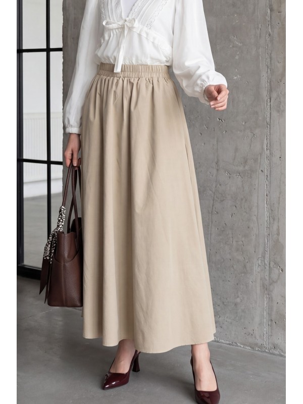 Poplin Skirt with Elastic Waist and Double Pockets - Beige
